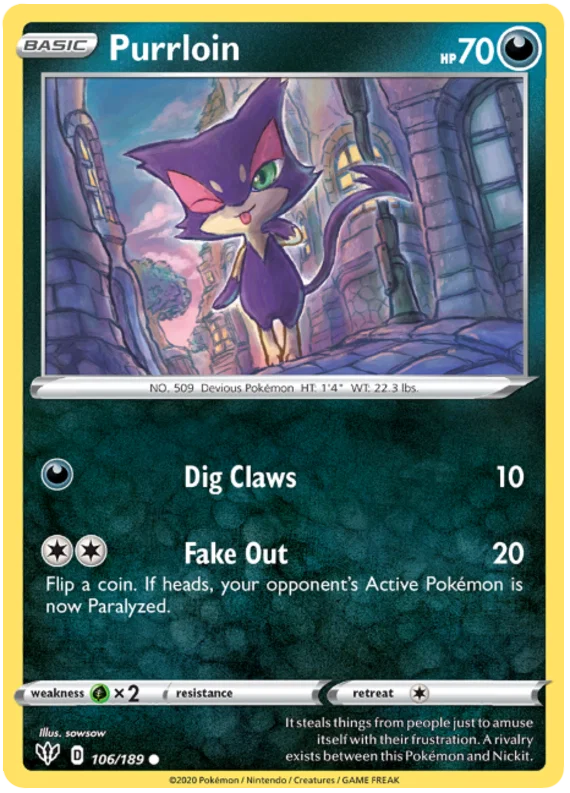 106/189 Purrloin (Darkness Ablaze) Pokemon card (English)