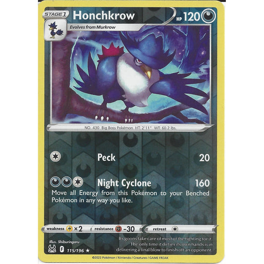 115/196 Honchkrow (Reverse Holo) (Rare) (Lost Origin) Pokemon card (English)